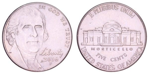 UNITED STATES OF AMERICA 5 cents 2016P / Jefferson Nickel / XF