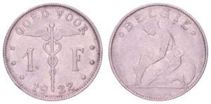 BELGIUM 1 franc 1922 / Dutch text / VF