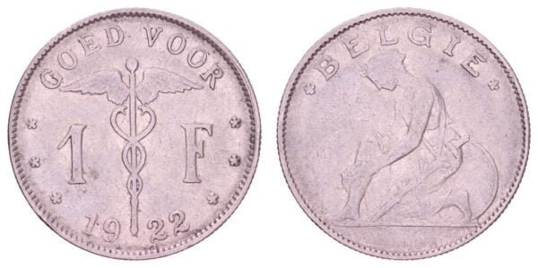 BELGIUM 1 franc 1922 / Dutch text / VF