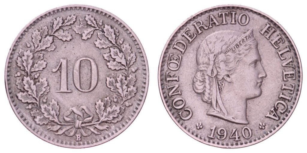 SWITZERLAND 10 rappen 1940B VF