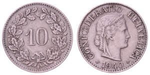 SWITZERLAND 10 rappen 1940B VF
