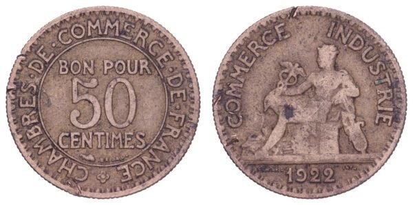 FRANCE 50 centimes 1922 / Chambres de Commerce / VF