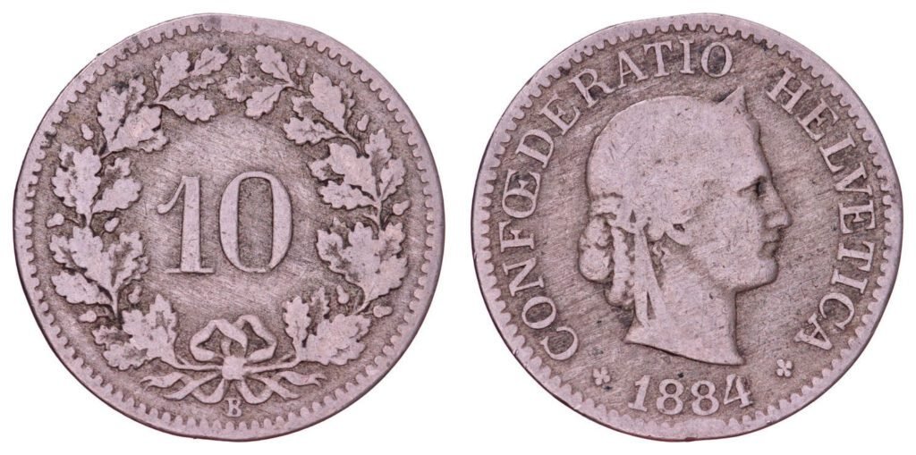 SWITZERLAND 10 rappen 1884B F+