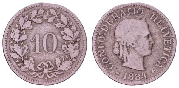 SWITZERLAND 10 rappen 1884B F+