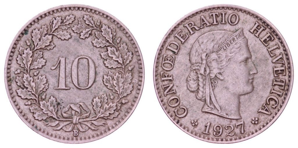 SWITZERLAND 10 rappen 1927B VF+