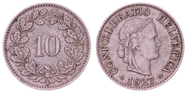 SWITZERLAND 10 rappen 1927B VF+