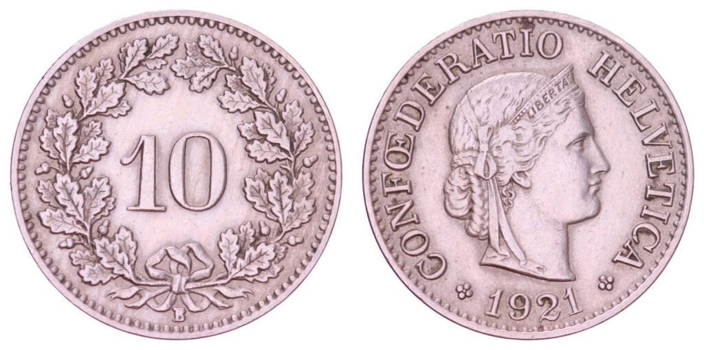 SWITZERLAND 10 rappen 1921B VF+