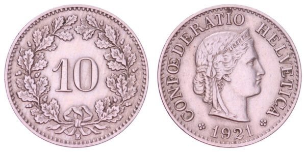 SWITZERLAND 10 rappen 1921B VF+