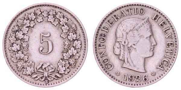 SWITZERLAND 5 rappen 1926B VF