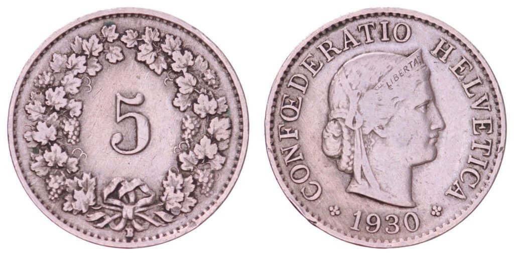 SWITZERLAND 5 rappen 1930 VF