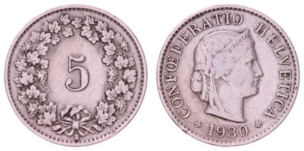 SWITZERLAND 5 rappen 1930 VF
