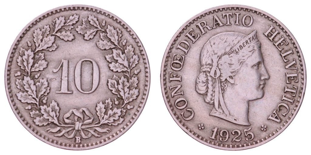 SWITZERLAND 10 rappen 1925B VF