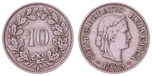 SWITZERLAND 10 rappen 1925B VF
