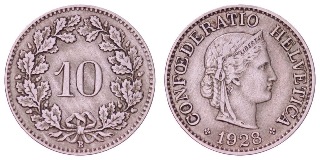 SWITZERLAND 10 rappen 1928B VF