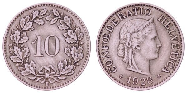 SWITZERLAND 10 rappen 1928B VF