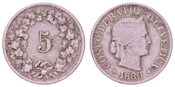 SWITZERLAND 5 rappen 1880 F+