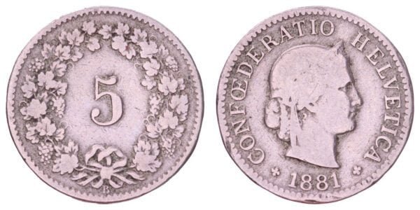 SWITZERLAND 5 rappen 1881 VF-