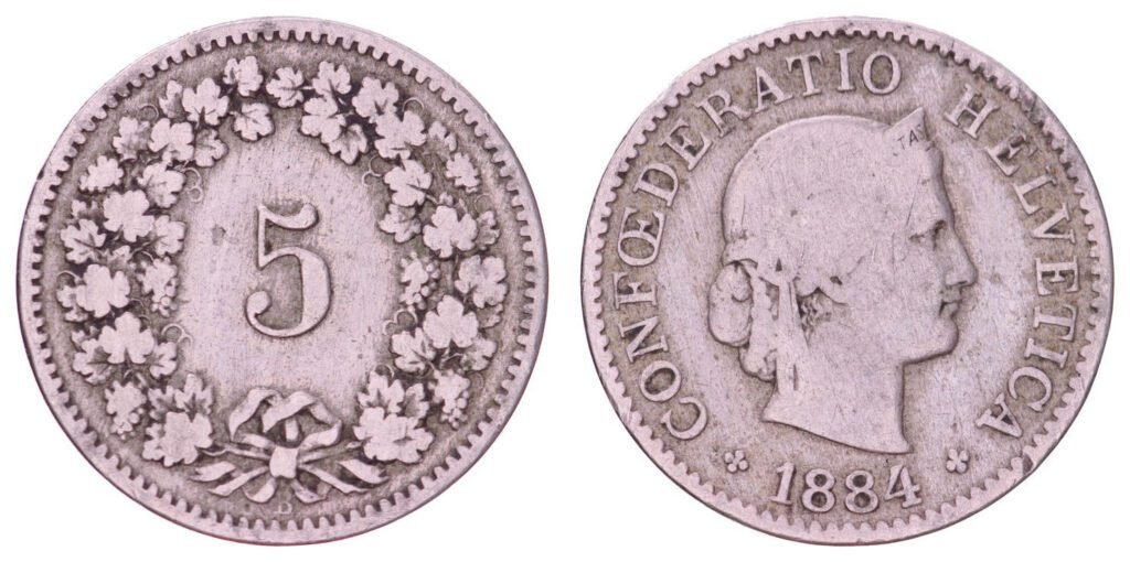 SWITZERLAND 5 rappen 1884 VF-