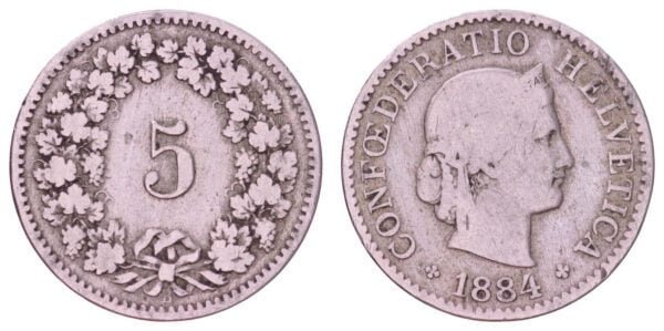 SWITZERLAND 5 rappen 1884 VF-