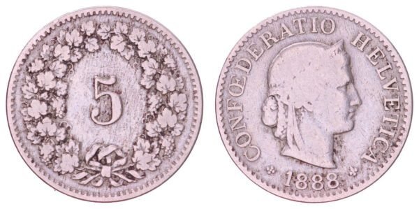 SWITZERLAND 5 rappen 1888 VF-