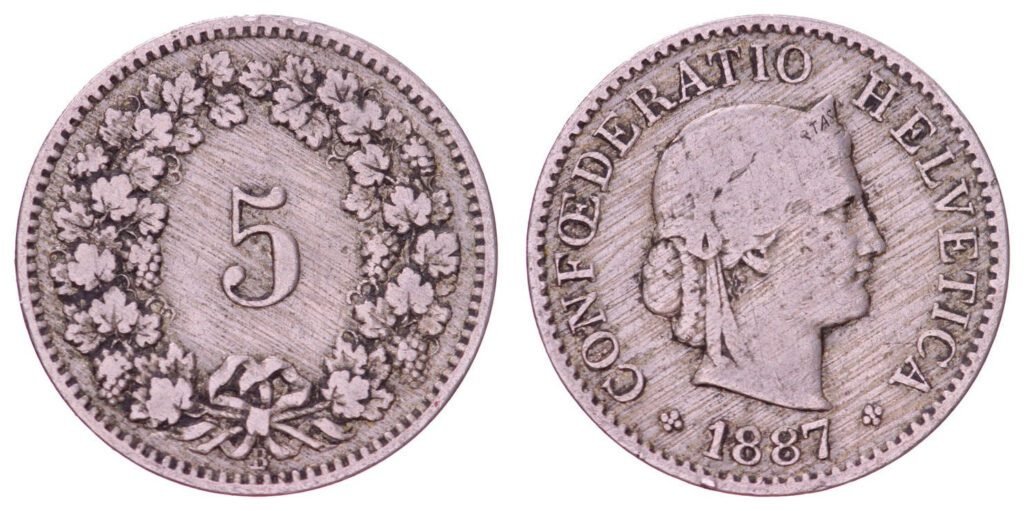 SWITZERLAND 5 rappen 1887 VF-