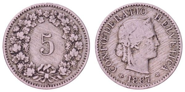 SWITZERLAND 5 rappen 1887 VF-