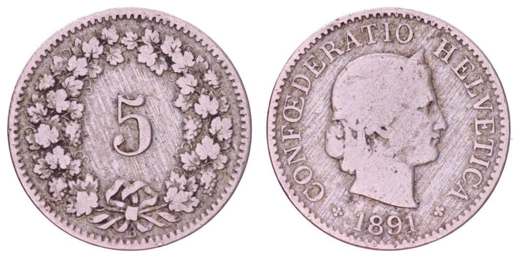 SWITZERLAND 5 rappen 1891 VF-