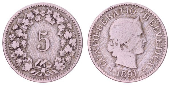 SWITZERLAND 5 rappen 1891 VF-