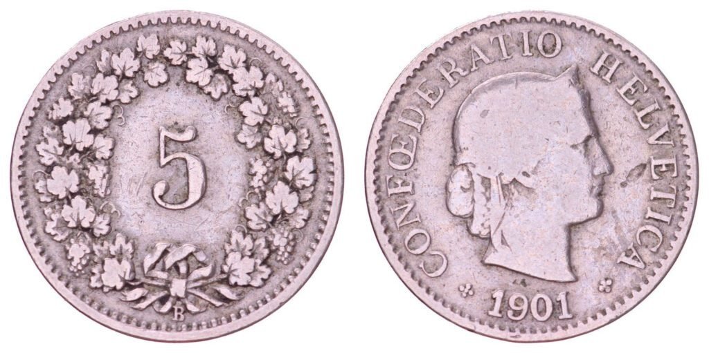 SWITZERLAND 5 rappen 1901 VF-