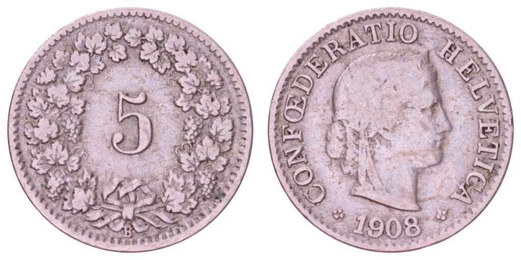 SWITZERLAND 5 rappen 1908 VF-