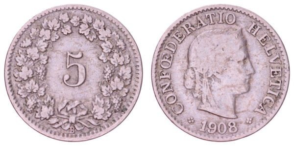 SWITZERLAND 5 rappen 1908 VF-
