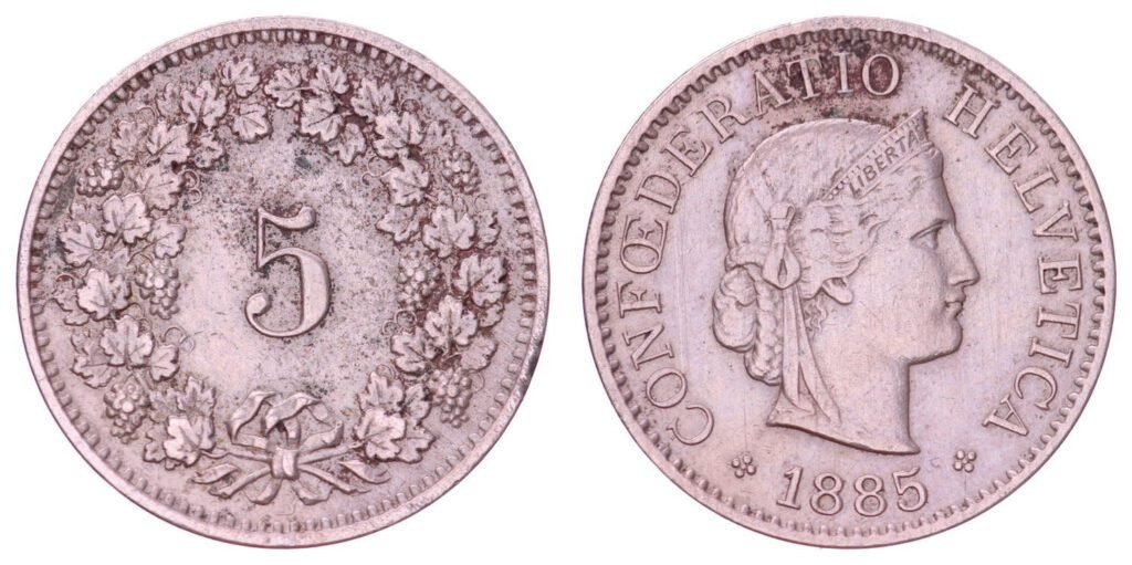SWITZERLAND 5 rappen 1885 VF