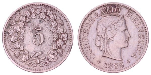 SWITZERLAND 5 rappen 1885 VF