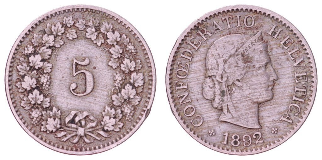 SWITZERLAND 5 rappen 1892 VF
