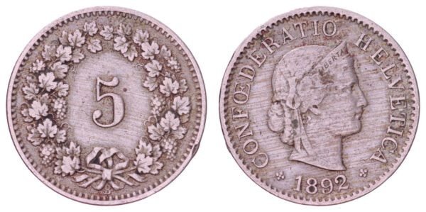 SWITZERLAND 5 rappen 1892 VF