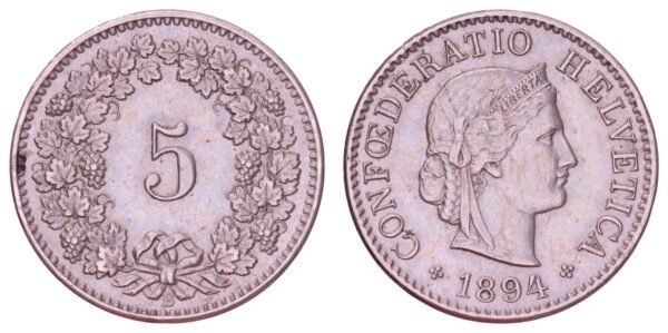 SWITZERLAND 5 rappen 1894 VF+