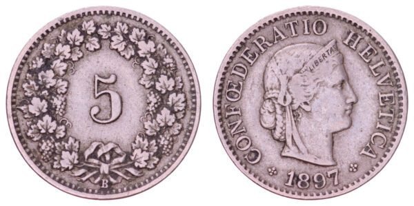 SWITZERLAND 5 rappen 1897 VF