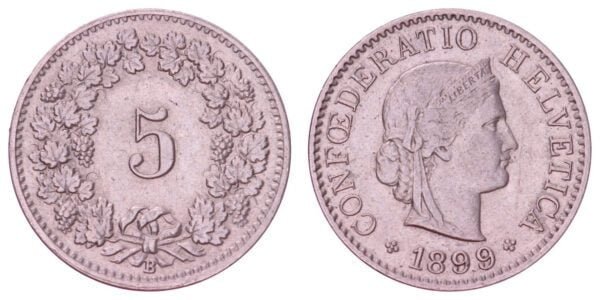 SWITZERLAND 5 rappen 1899 VF