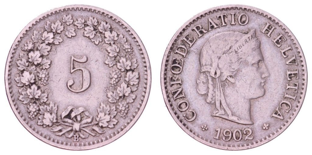 SWITZERLAND 5 rappen 1902 / I over I in HELVETICA / VF