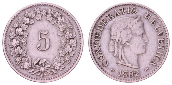 SWITZERLAND 5 rappen 1902 / I over I in HELVETICA / VF