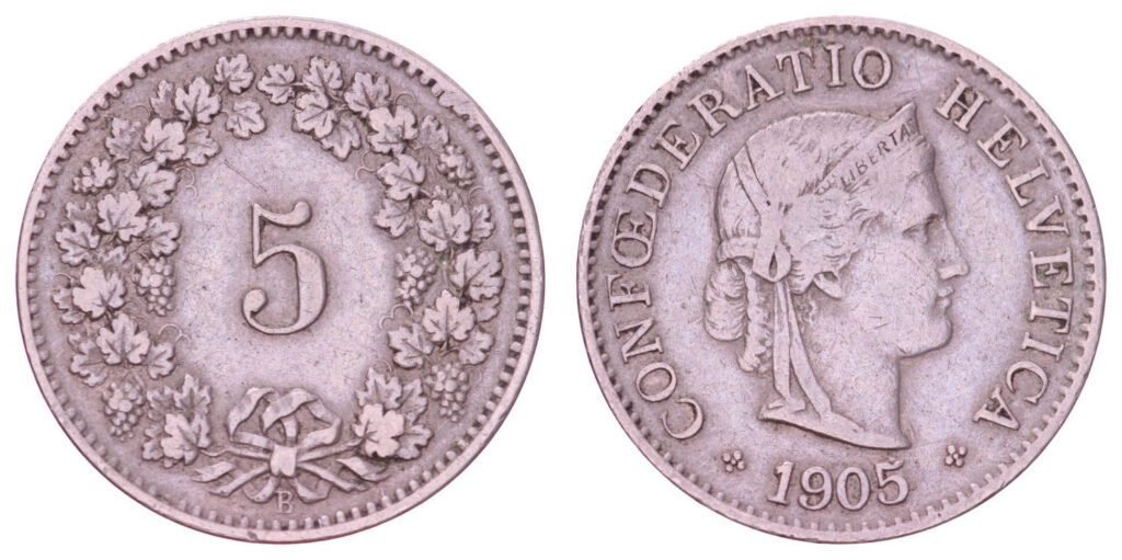 SWITZERLAND 5 rappen 1905 VF