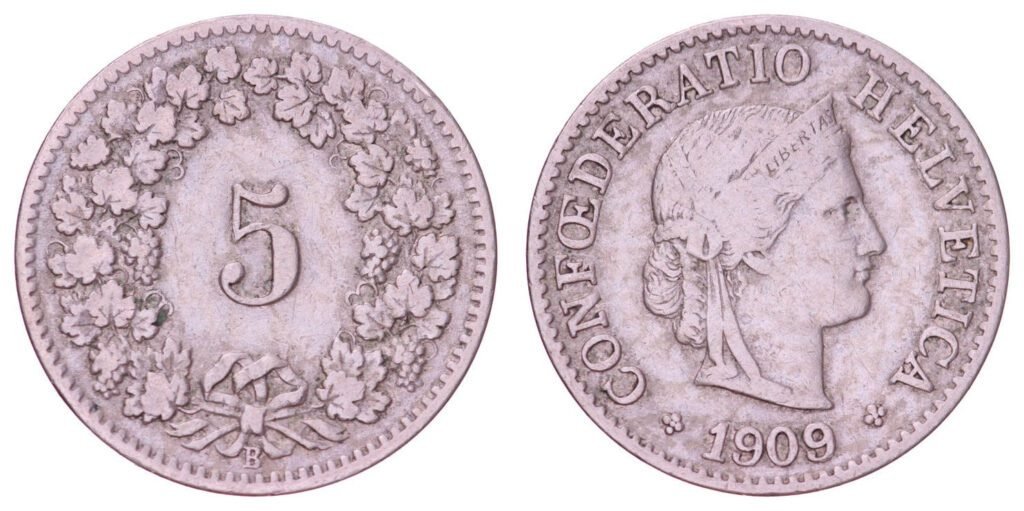 SWITZERLAND 5 rappen 1909 VF