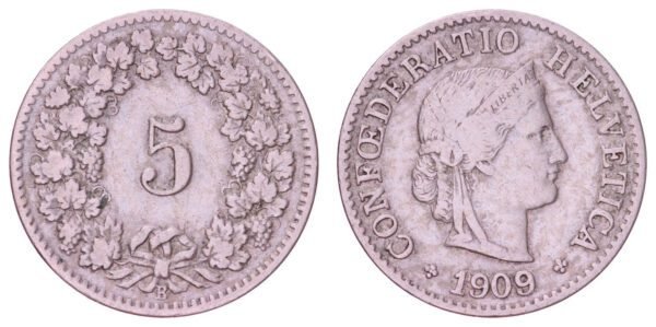 SWITZERLAND 5 rappen 1909 VF