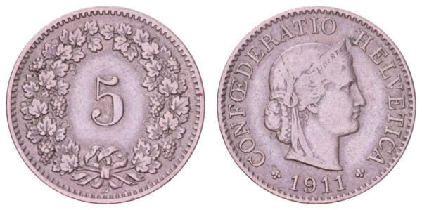 SWITZERLAND 5 rappen 1911 VF