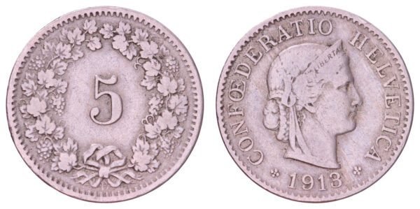 SWITZERLAND 5 rappen 1913 VF