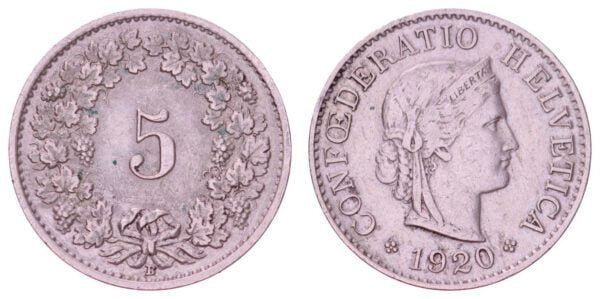SWITZERLAND 5 rappen 1920 VF