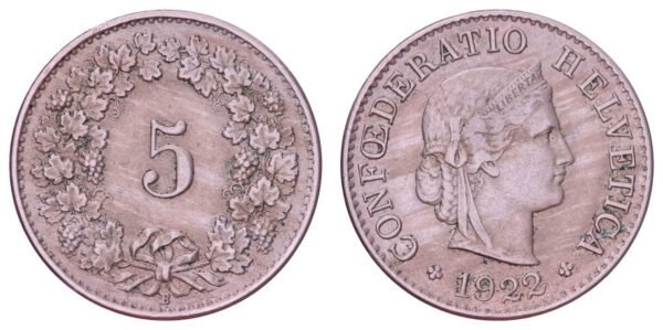 SWITZERLAND 5 rappen 1922 VF