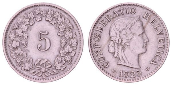 SWITZERLAND 5 rappen 1925 VF
