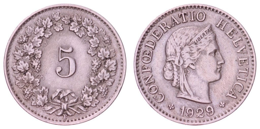 SWITZERLAND 5 rappen 1929 VF