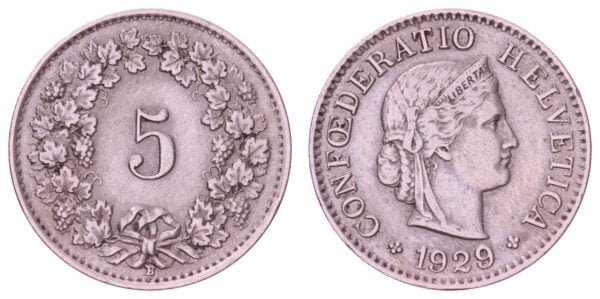 SWITZERLAND 5 rappen 1929 VF
